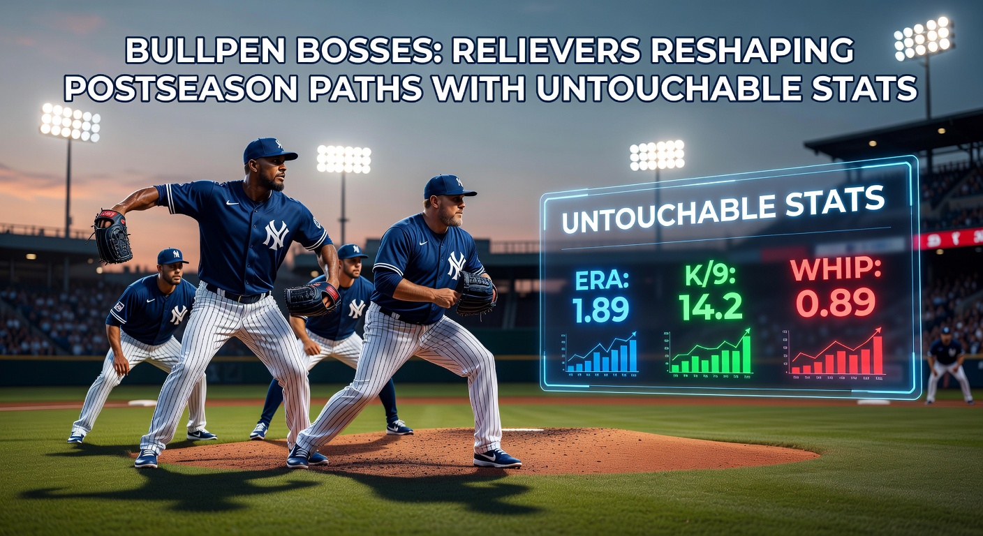 A high-intensity MLB reliever winds up on the mound during a tense postseason inning, spotlight highlighting the drama of late-game dominance