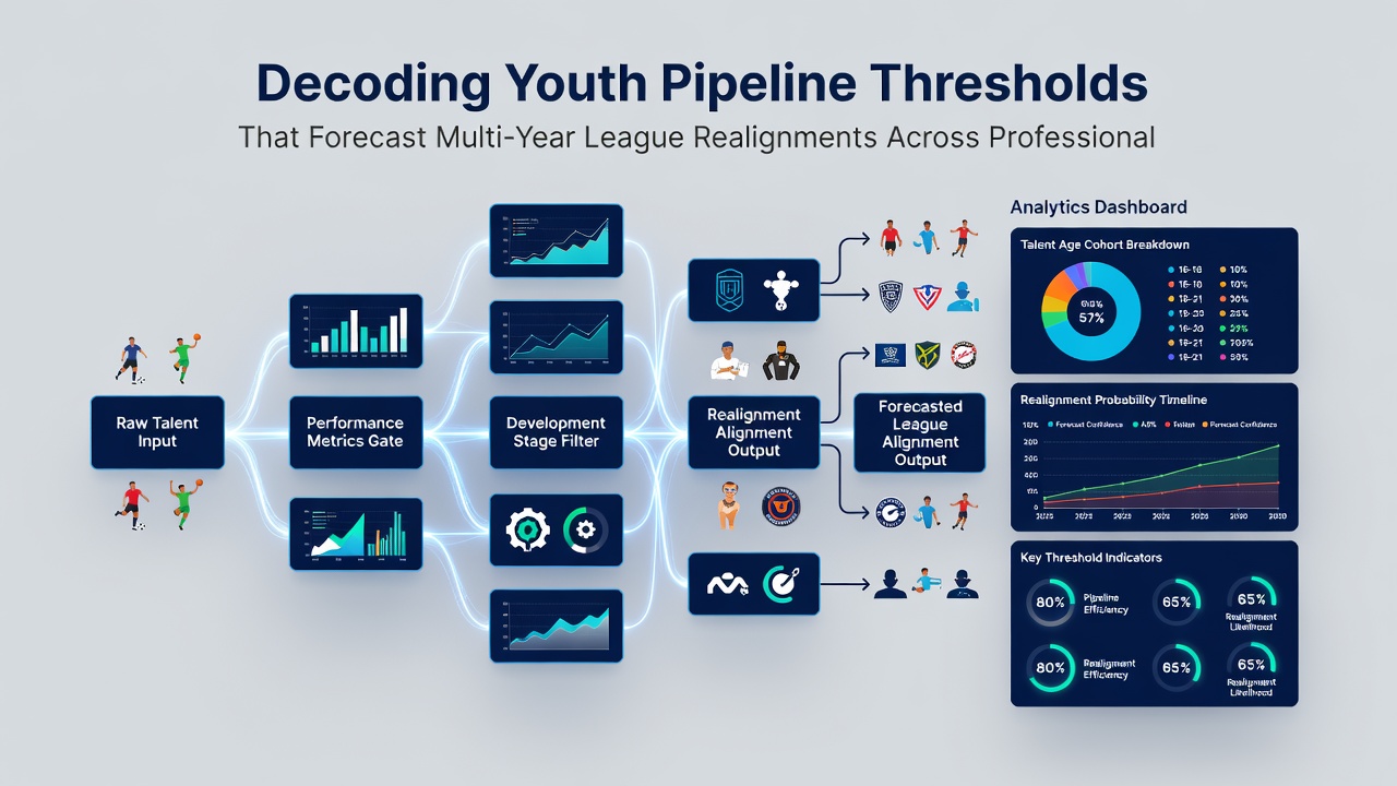 Data visualization charts showing youth player performance metrics overlaid on league realignment timelines