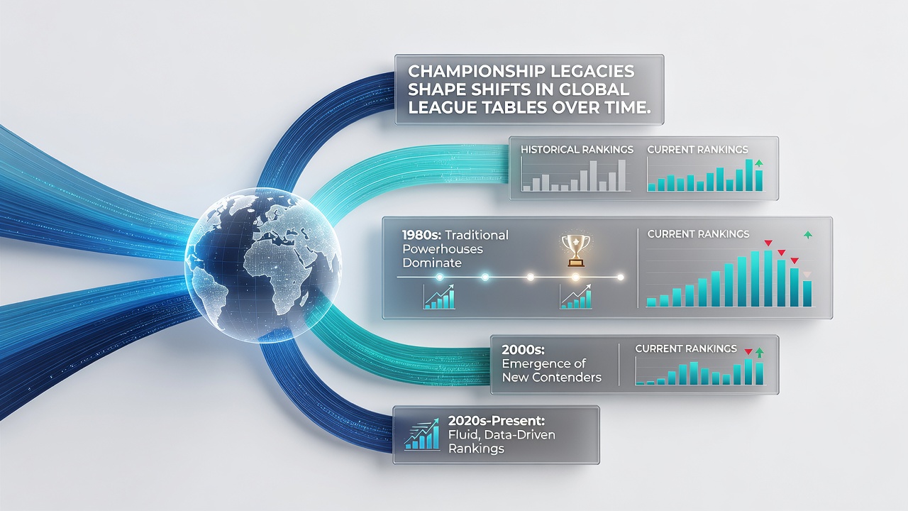 Global sports league tables with highlighted championship teams showing upward movement in rankings from 2016 to 2026