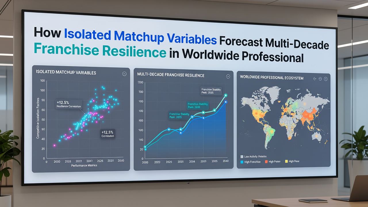 Global sports executives discussing long-term franchise planning with matchup analytics on display