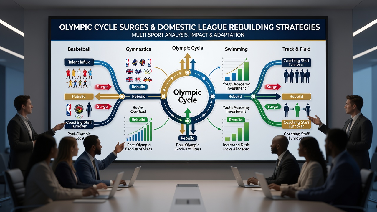 League executives reviewing performance data tied to Olympic cycles