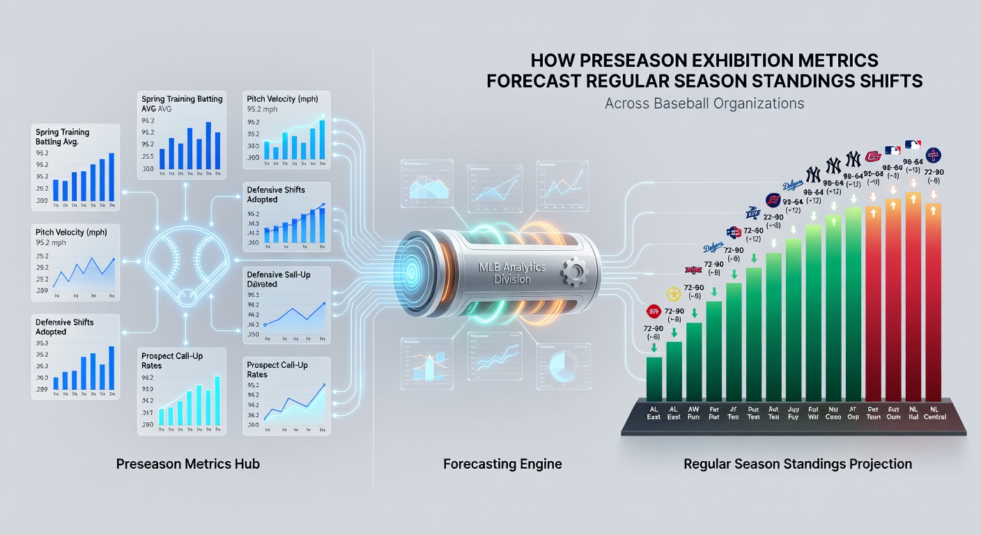 Analysts reviewing baseball statistical dashboards showing preseason metrics and projected standings adjustments on large monitors in a team operations center