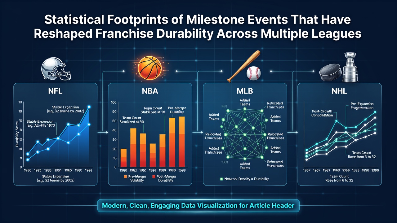 Infographic showing milestone events and their statistical impact on sports franchise longevity across leagues