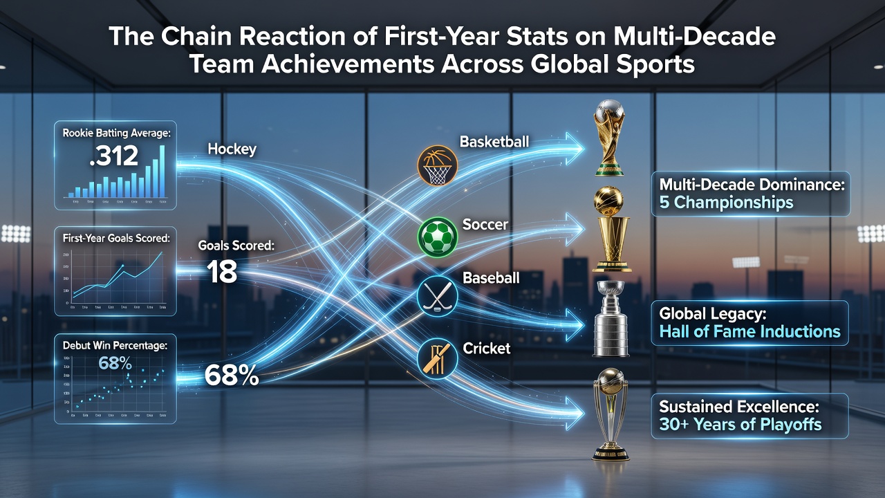 Timeline chart illustrating decade-spanning impacts of early statistical benchmarks on team standings worldwide
