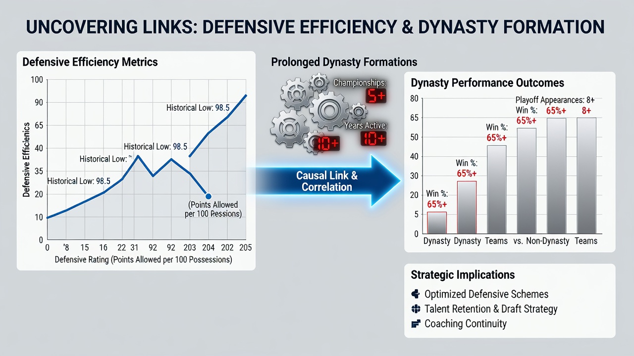 Visual breakdown of dynasty timelines matched with defensive rating consistency in football organizations
