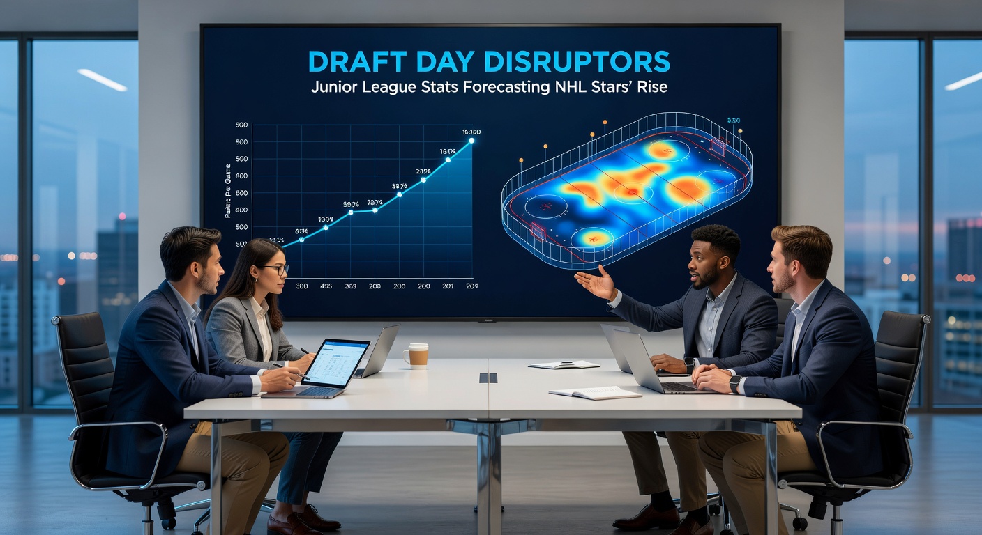 NHL draft stage with excited prospects shaking hands, spotlights highlighting the moment a junior league standout gets selected